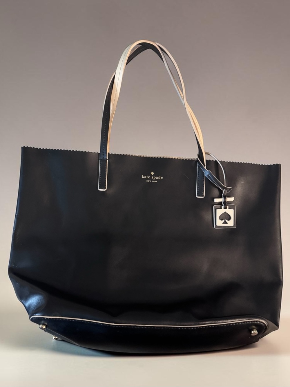 Kate Spade Black Leather Tote Bag W/ Charm & Interior Zip Pocket